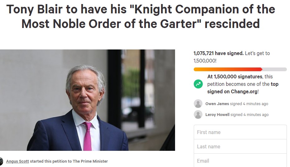 petition tony blairs knighthood gets thousands